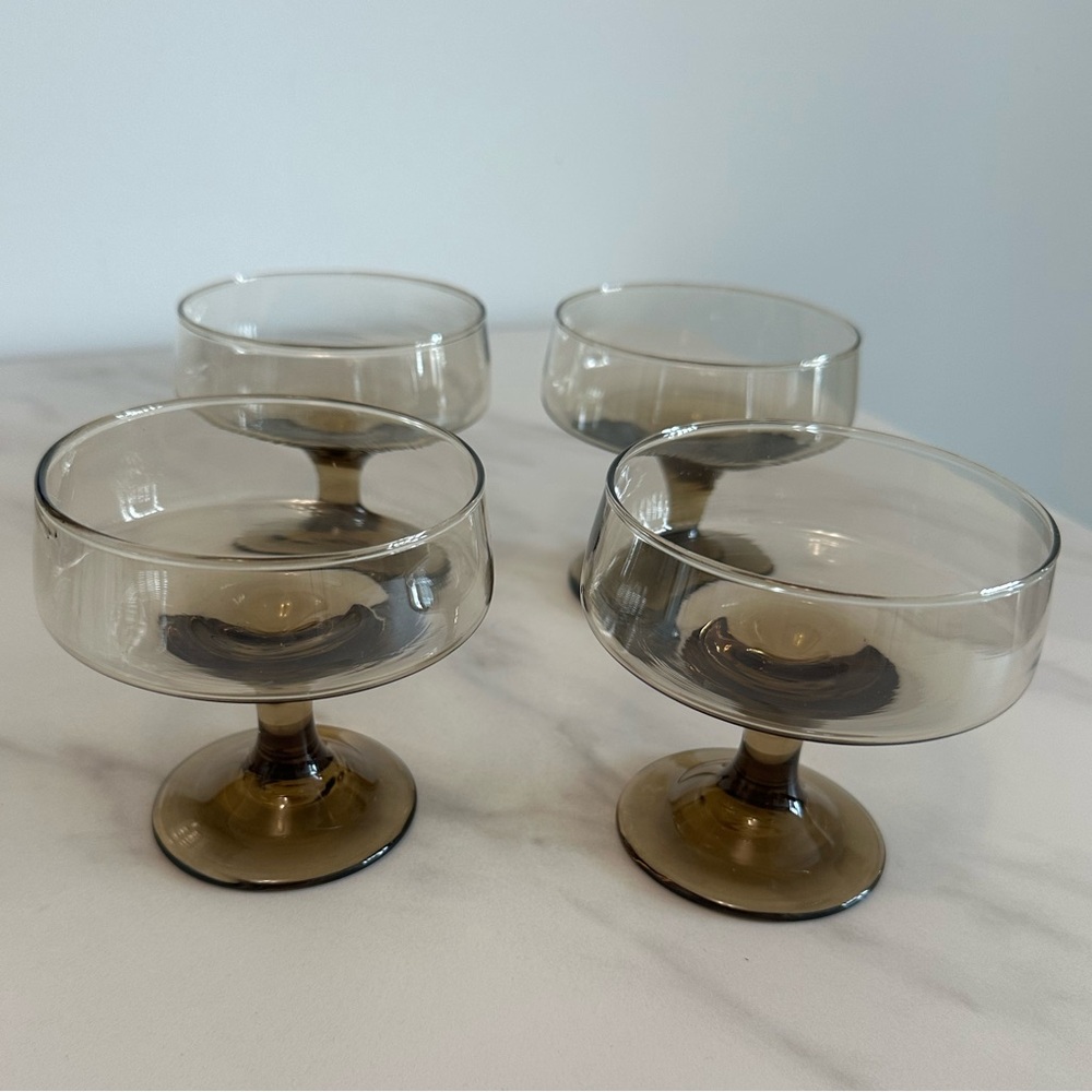Set of 4 Vintage Libby Tawny Accent Smoke Glass Champagne/Coupe/Dessert Glasses
